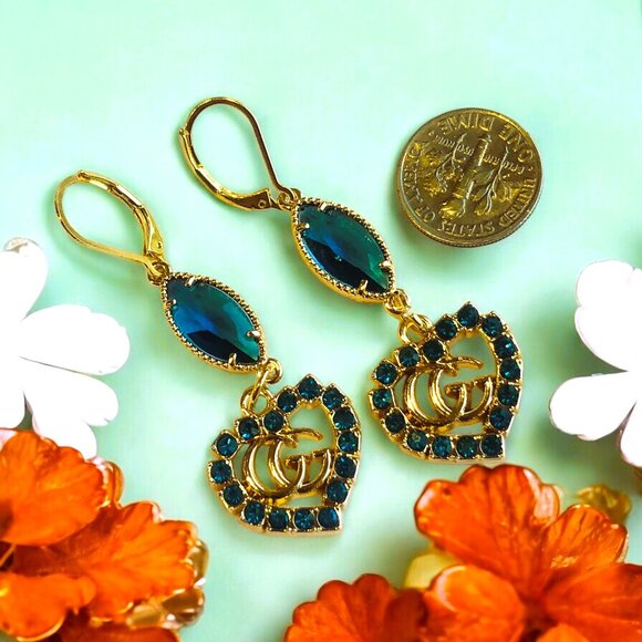 GUCCI Gorgeous Double GG Logo Heart Love Design Blue Turquoise Earrings w Box - Picture 2 of 4
